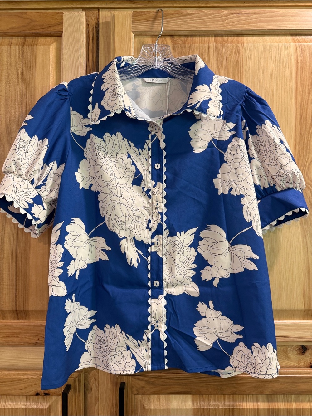 New! Cicy Bell Blue Floral Short Sleeve Button Top Puff Sleeves Scalloped Sz S